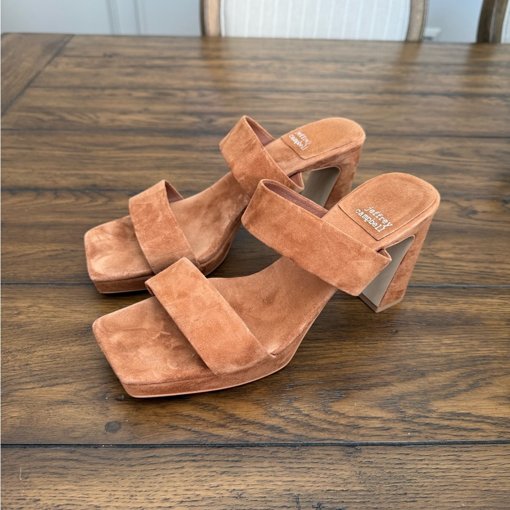 Jeffrey Campbell Rust Suede Two-Strap Block Heel Sandals